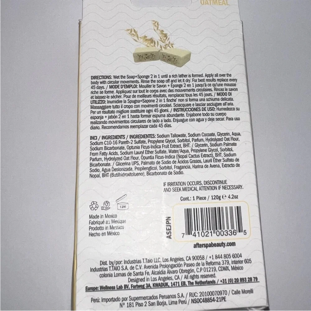 Afterspa 2 in 1 Exfoliating Oatmeal Soap + Bath Sponge New in Box
